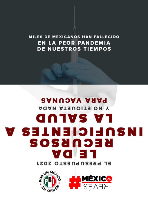 PRICampecheMX's tweet image. ¿Por qué no hay una partida para la vacuna contra el COVID-19 en el Presupuesto 2021? 

Porque vivimos en el #MéxicoAlRevés de Morena, donde cuando hay pandemia se disminuyen los recursos para la Secretaría de Salud.