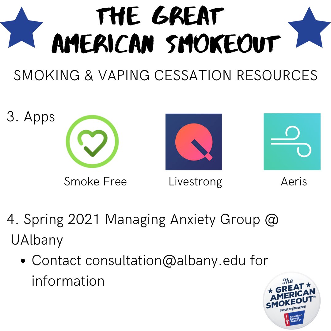 UAlbanyBxHealth's tweet photo. Are you thinking about or ready to quit/cut back on smoking or vaping?🚭 Check out some of these resources to help you on your journey ➡️➡️➡️

#ualbany #ualbanyprotect #greatamericansmokeout #gaso https://t.co/ZpTtD67NsV