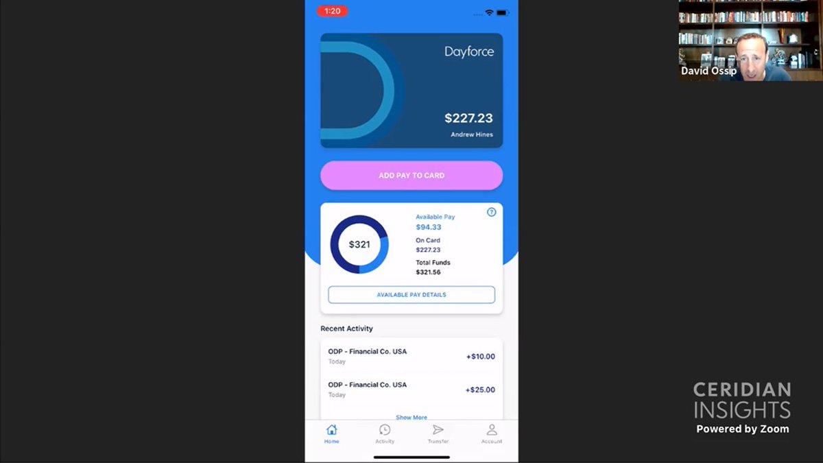 Ceridian's tweet photo. "With #DayforceWallet we saw an opportunity to create value to employers and their people by changing the way people are paid. The amount of value that we can deliver through increased financial flexibility is a great thing." @dossip #CeridianINSIGHTS https://t.co/3ysLW6FJiG