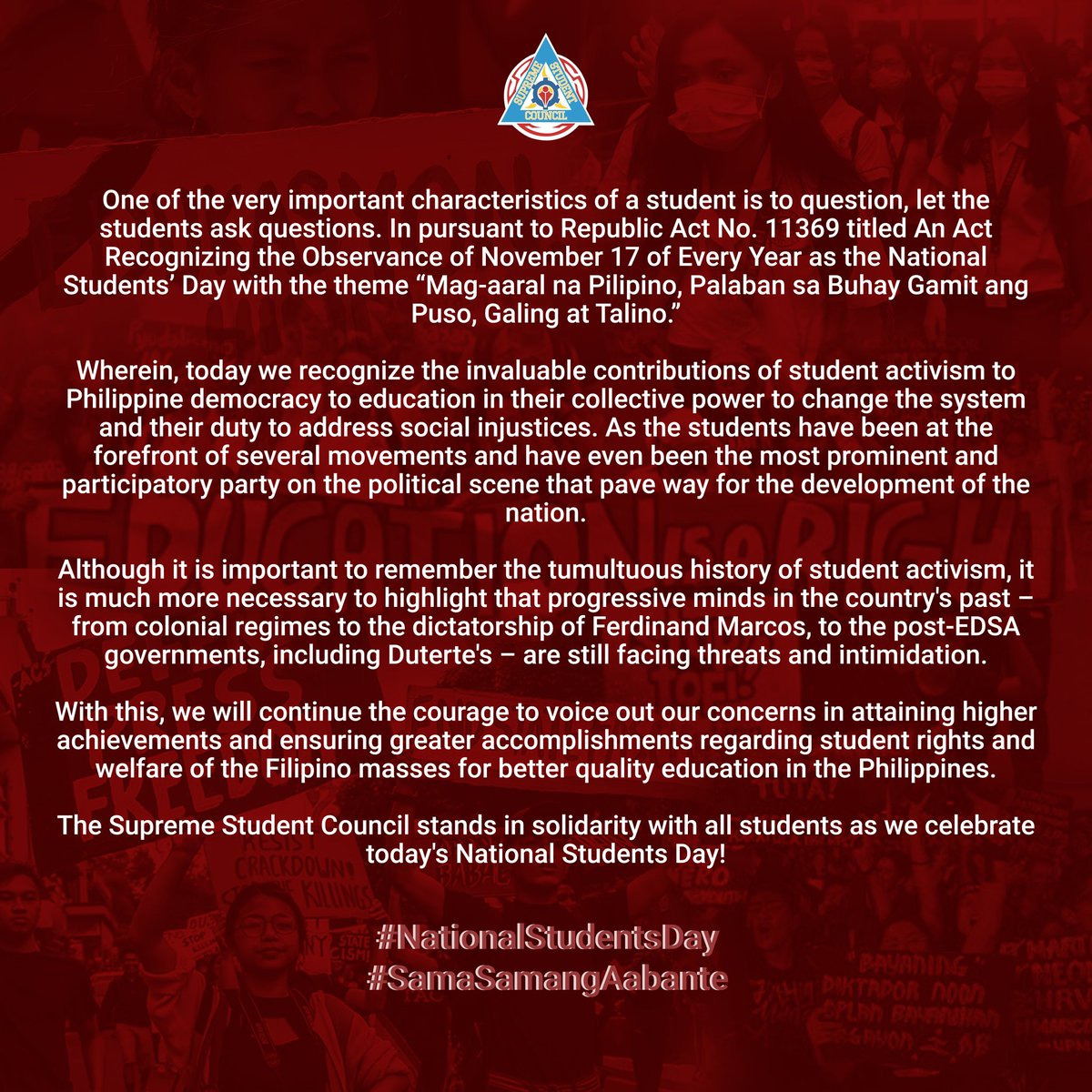 TSUSSCOfficial's tweet photo. The Supreme Student Council stands in solidarity with all the students as we celebrate today's National Students Day!

#tsussc2021
#NationalStudentsDay2020
#SamaSamangAabante https://t.co/kF5sfGcu5U