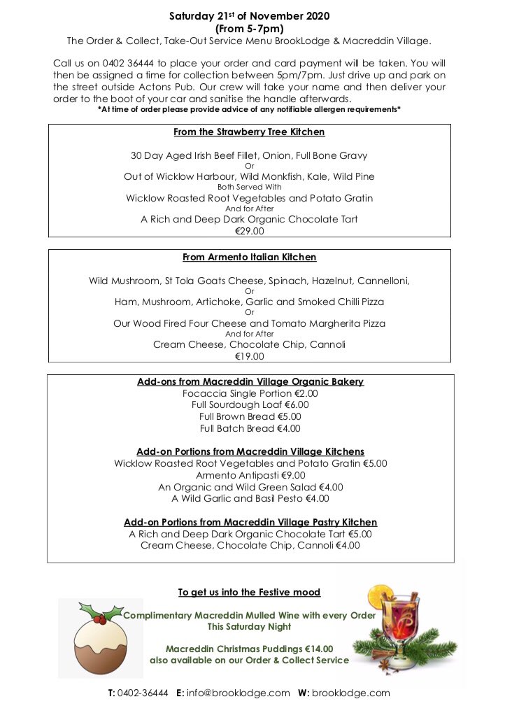 Order &amp; Collect, Take-Out Menu for this Saturday 21st of November. Complimentary Mulled Wine with every order... 📞0402-36444 #macreddin #takeout #wicklow #orderandcollect #mulledwine