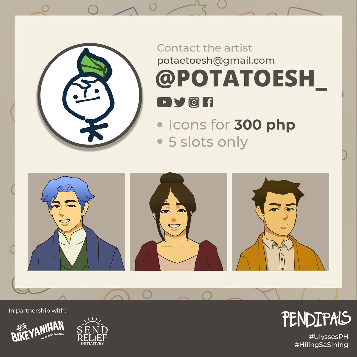 potatoesh_'s tweet photo. #UlyssesPH Commissions OPEN
Hi I'm Mash, an artist for #HilingSaSining If you're interested at my works please fill in the form below! All proceeds will be donated to our partnered donation drives (Bikeyanihan and Send Relief Initiatives)
https://t.co/6SjxwiG0oa https://t.co/9RgfGtrnW7