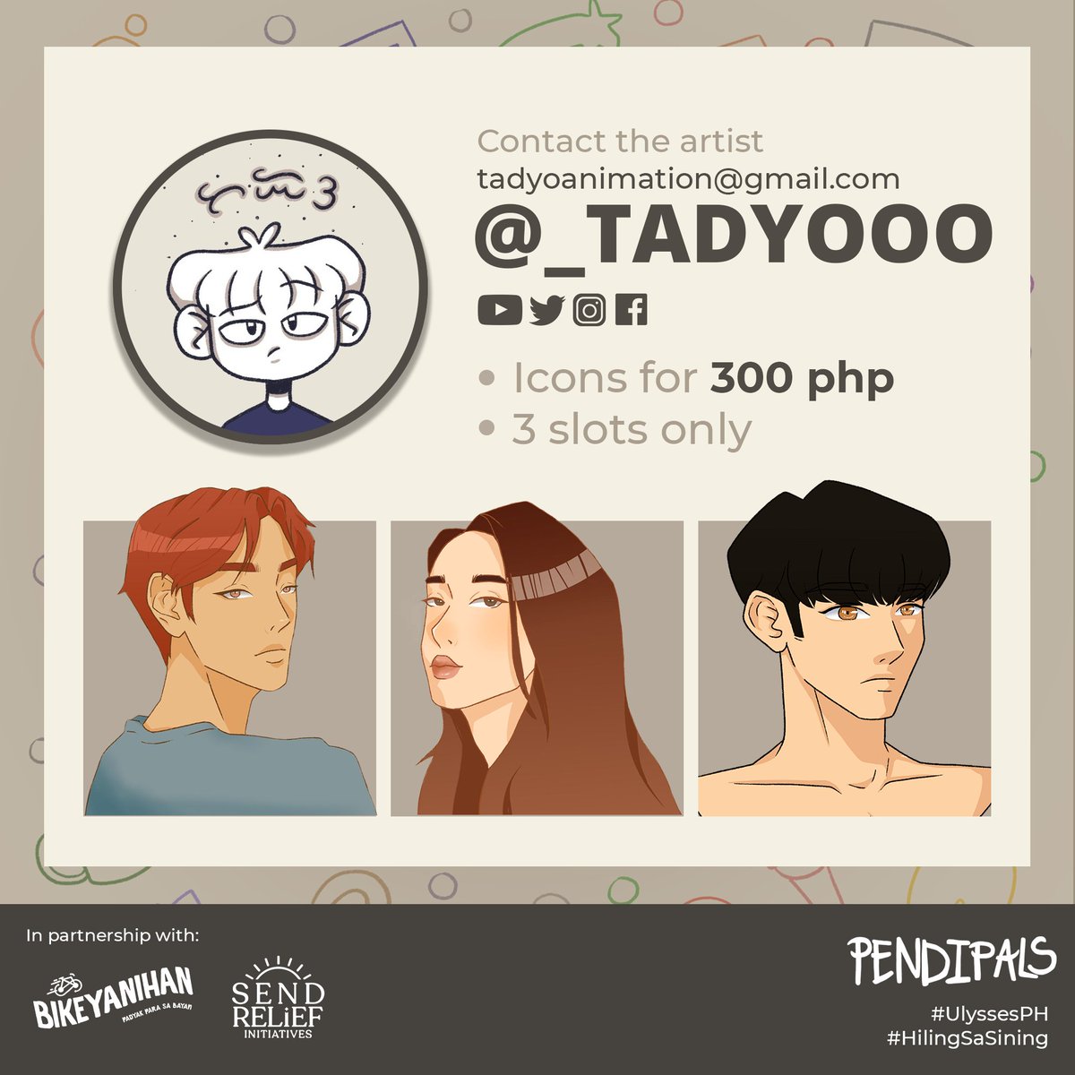 artbytads's tweet photo. #UlyssesPH Commissions OPEN
Hi I'm Tadyo, an artist for #HilingSaSining If you're interested at my works please fill in the form below! All proceeds will be donated to our partnered donation drives (Bikeyanihan and Send Relief Initiatives) :)
https://t.co/WwCKzso4rR https://t.co/fdltHRhOVJ