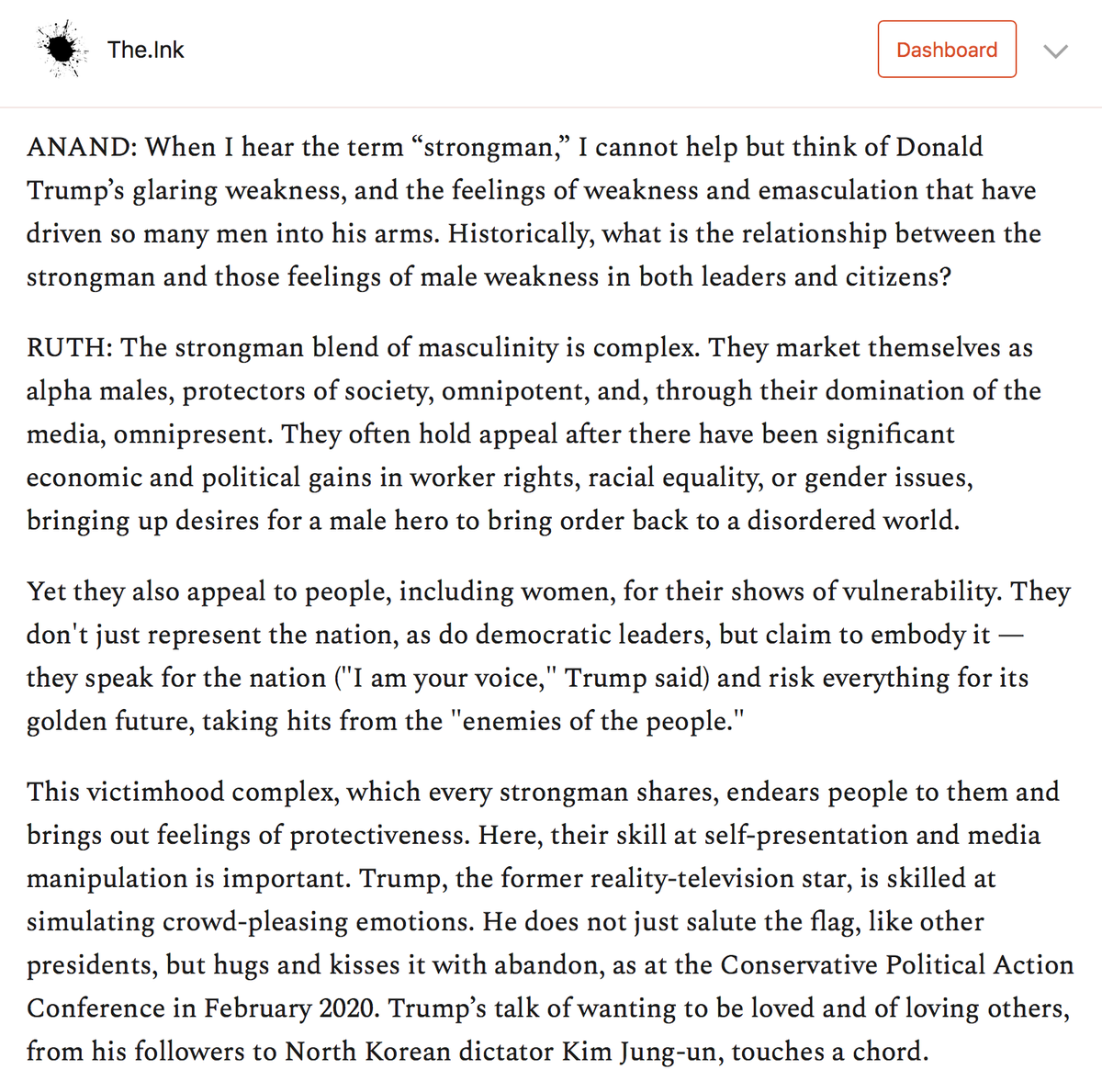 Strongmen like Trump often play an alpha-male part.But  @ruthbenghiat argues that they also strategically use vulnerability and need to amass power and solicit love. https://the.ink/p/strongmen&nbsp;