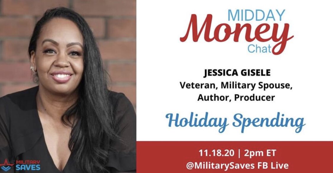 VeteranSaves's tweet photo. Join @MilitarySaves this Wednesday on Facebook Live for our #MiddayMoneyChat with @ladyjgisele. We’re discussing the emotional component of #holidayspending and will offer tips and tricks for your holiday toolkit! https://t.co/HFi7wNA5qw