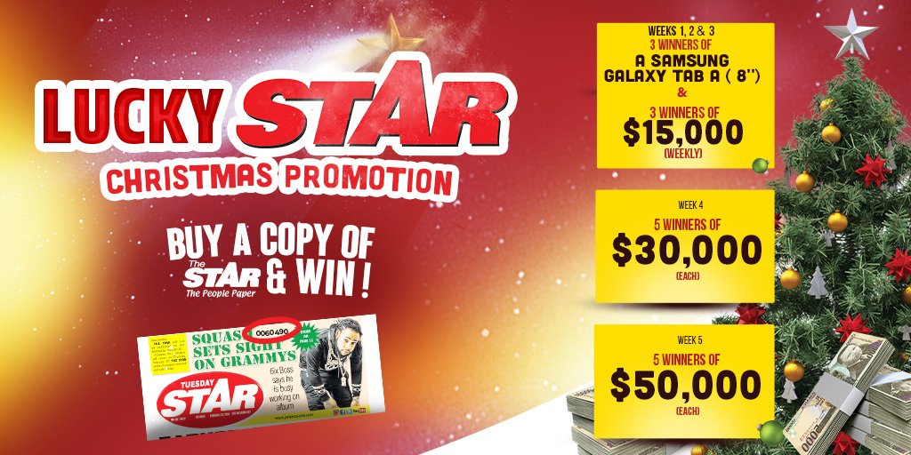 jamaicastar's tweet photo. You could be a lucky winner of a Samsung tablet and up to $50,000 in the Lucky Star Christmas Promotion. Buy a copy of The Star (Monday to Friday) for your unique serial number. Enter your name, serial number, phone number at https://t.co/as03ZLdurk
#LuckyStar #ThePeoplePaper https://t.co/ptyJoJ6BLy
