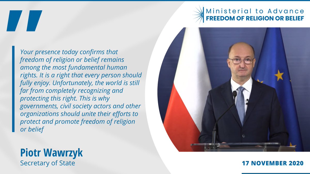 PolandMFA's tweet photo. Dep. FM @Piotr_Wawrzyk on the 2nd day of the 3rd Ministerial to Advance Freedom of Religion or Belief ⤵️
📺Watch live: https://t.co/tIfHO3MosW
#ReligiousFreedom #FORB2020 https://t.co/qjx10Rcabl