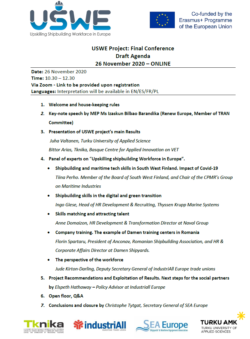 USWE FINAL CONFERENCE IS APPROACHING!

❗️Do not miss the event on 𝟮𝟲 𝗡𝗼𝘃𝗲𝗺𝗯𝗲𝗿 10:30-12:30 with our important speakers <a href="/IzaskunBilbaoB/">Izaskun Bilbao</a> <a href="/TiinaPerho/">Tiina Perho</a> <a href="/CPMR_Europe/">CPMR</a> <a href="/Searica_ITG/">SEArica Intergroup</a> <a href="/tknika/">Tknika</a> <a href="/TurkuAMK/">Turun ammattikorkeakoulu</a> <a href="/seaeurope/">SEA Europe</a> <a href="/industriAll_EU/">industriAll Europe</a>
 📨me@seaeurope.eu to register
Check out the Agenda👇