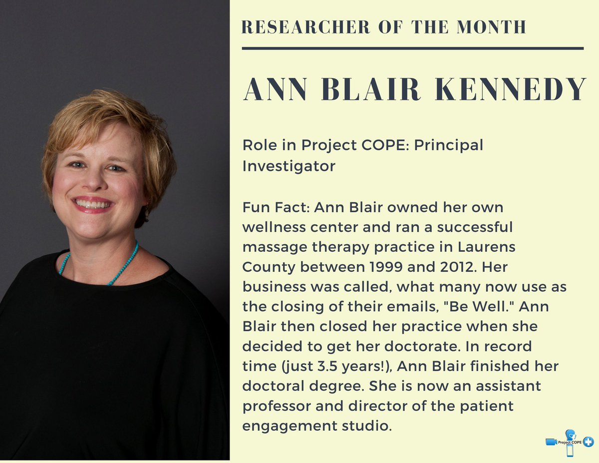 cope_project's tweet photo. Check out our featured researcher of the month! We are so lucky to have Ann Blair Kennedy as part of our team! #covid-19 #research #ProjectCOPE #healthcareworkers #employeewellbeing    Link to join Project COPE:  https://t.co/J8qQ4kQPYT https://t.co/m7fDc1i7ea