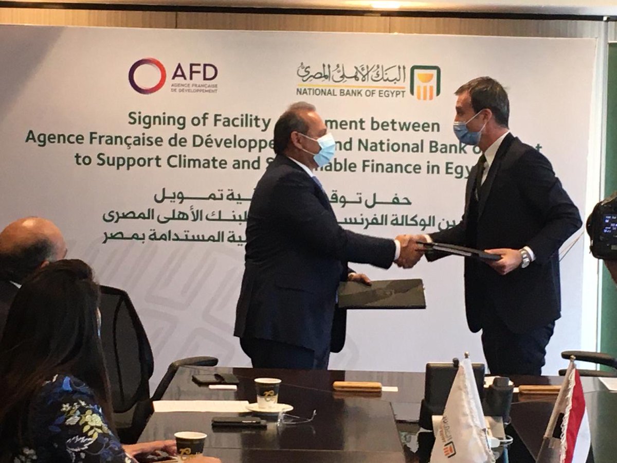 AFD_en's tweet photo. AFD Cairo Office & National Bank of Egypt @NBE1898 signing #ClimateFinance agreements in #Egypt for €101.5M under the AFD-@theGCF joint program “Transforming Financial Systems for Climate” (TFSC)—a world 1st in its kind! #FinanceinCommon2020 #partnerwithfrance @franceeneegypte https://t.co/IfjOPZebPv