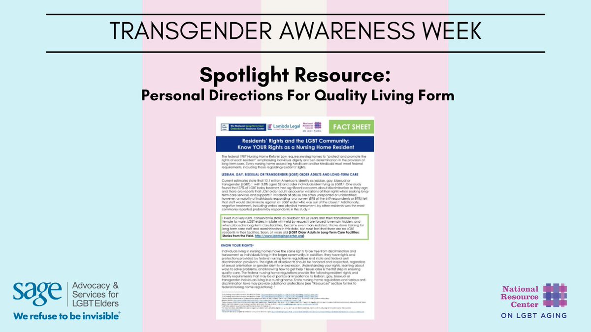 sageusa's tweet photo. Are you a #TransElder living in a nursing home or considering long-term care options? Know your rights! Download the Residentsโ Rights & the LGBT Community fact Sheet at https://t.co/MEzLSeLrCr #TransgenderAwarenessWeek #TransResources #TransElders #LGBTaging #LGBTelders https://t.co/ukfz2xFBSq
