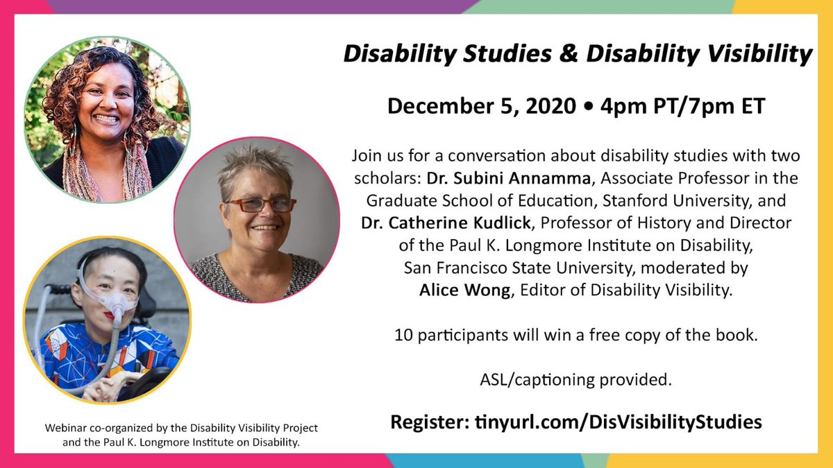 DisVisibility's tweet photo. 12/5, 4 pm Pacific! 

Online discussion about Disability Studies &amp; #DisabilityVisibility with @DrSubini &amp; @kudlick 

Co-organized by @LongmoreInst &amp; @DisVisibility 

ASL &amp; captioning provided 

Register: https://t.co/Khf4RKI1LU

#DisStudies #OwnVoices #DisabilityStudies https://t.co/XHjCtlYVdm