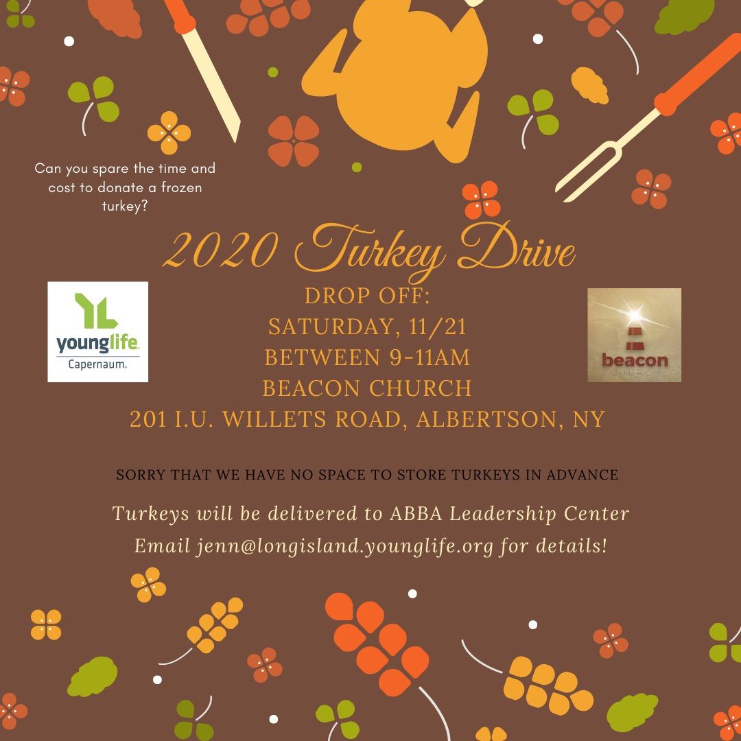 BeaconChurchNY's tweet photo. Thanksgiving is coming up soon! This year, Beacon Church and Young Life Capernaum are partnering to provide turkeys to families in need. Make your plans now to buy an extra turkey and drop it off, or follow this link to contribute for purchase of turkeys: https://t.co/H5LXvDhAhp https://t.co/Nw8i4a6SL9