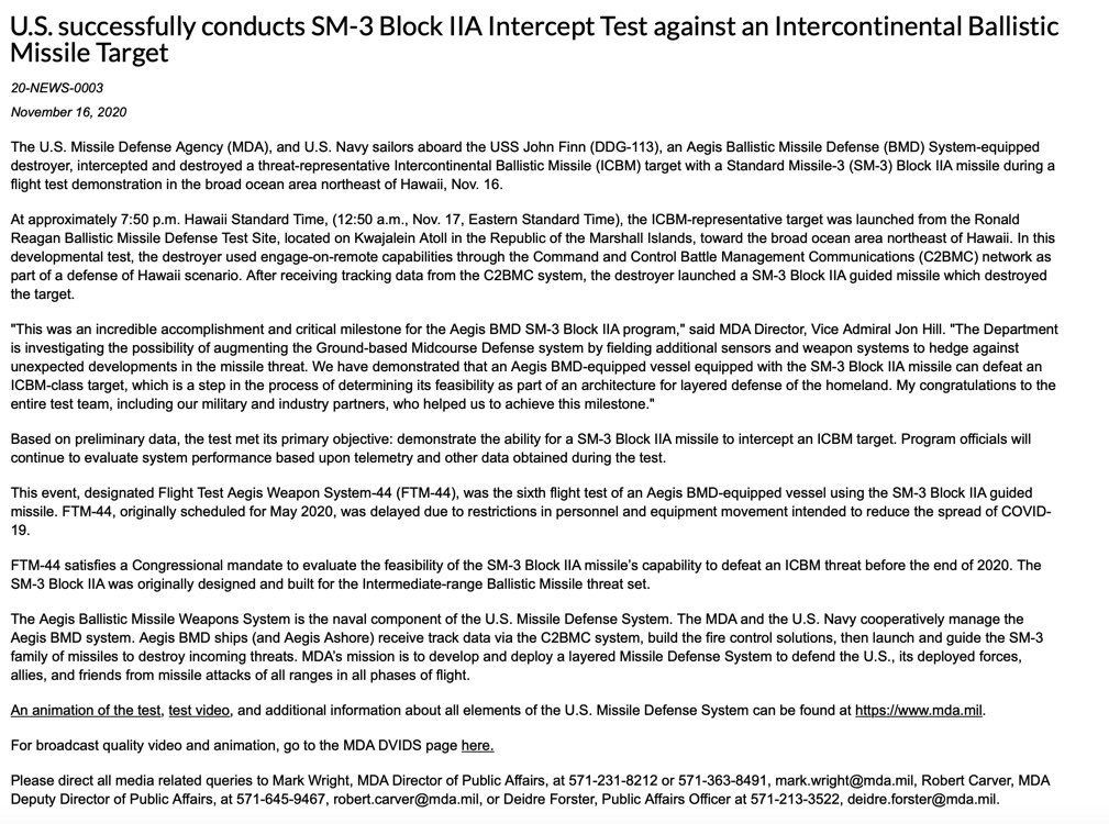 Full MDA release: U.S. successfully conducts SM-3 Block IIA Intercept Test against an Intercontinental Ballistic Missile Target