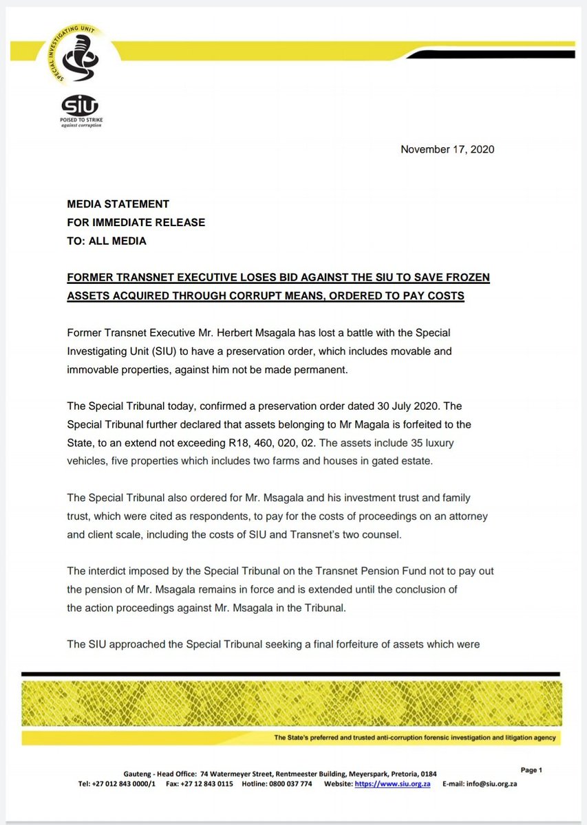 RSASIU's tweet photo. Former Transnet Exec loses bid against @rsasiu to save frozen assets acquired through corrupt means &amp; ordered to pay costs
#RSASIU
#SIUProgress
#CobrasStrikingAgainstCorruption
#FightingCorruptionIsOurBusiness https://t.co/xlUJHoFUaC
