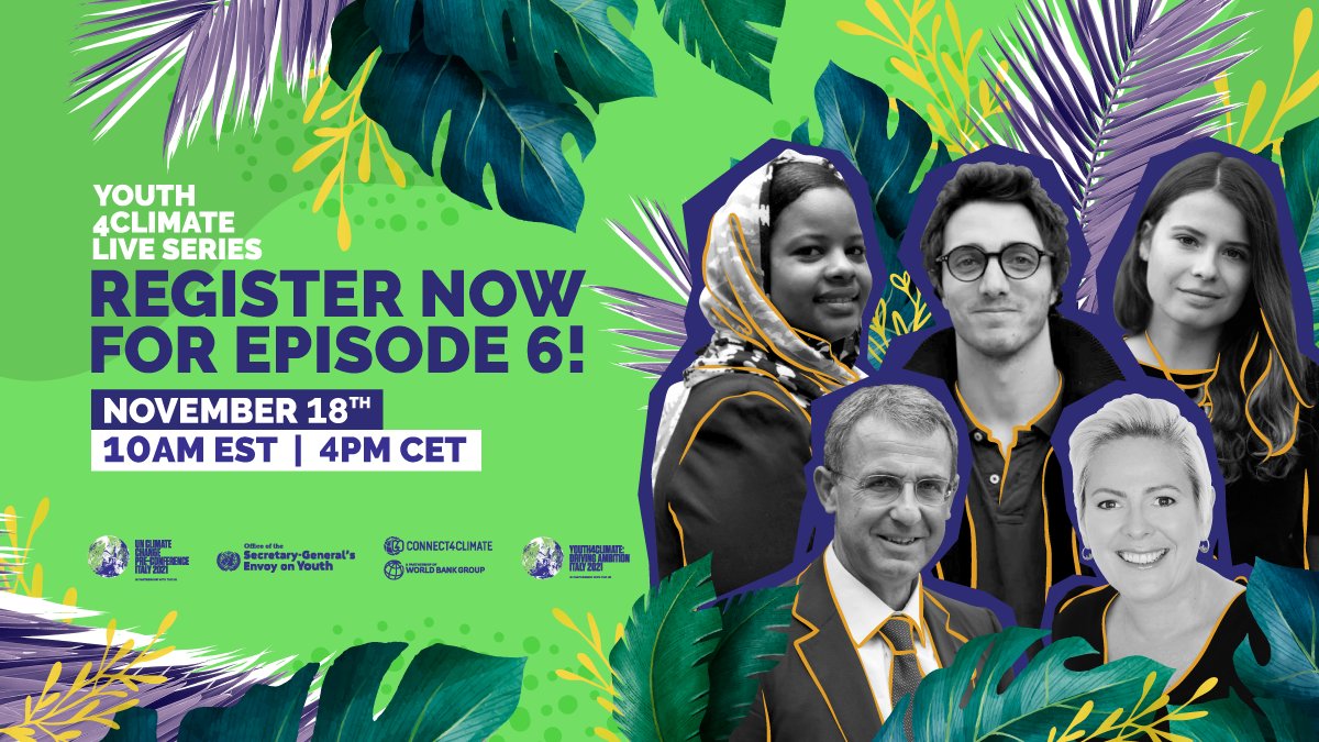 The poster reads "Youth4Climate Live Series - Register now for episode 6 - November 18, 10 am EST/ 4 pm CET" and shows photos of the 5 speakers.