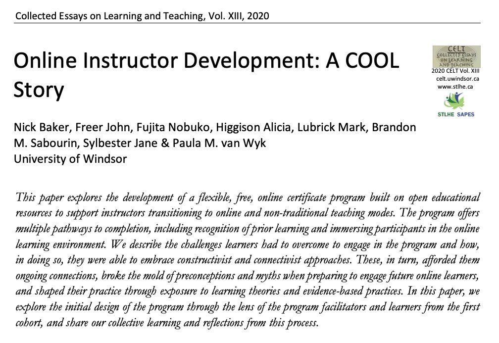 MrSabourin's tweet photo. The latest issue of @STLHESAPES' Collected Essays on Learning and Teaching is out! Check out our paper, "Online Instructor Development: A COOL story" @UWinOpenLearn @nbaker @nobukofujita @aliciahiggison @Mark_Lubrick @pvandubs @UWindsor @ScholarUWindsor https://t.co/wCEweBVEH0 https://t.co/Pf13X1Ca4e