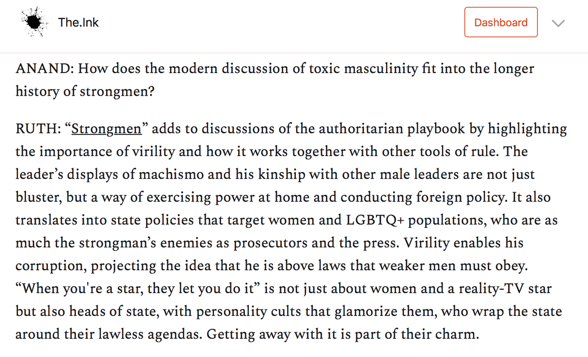 . @ruthbenghiat also explains how toxic masculinity is a vital tool of the strongman:"Virility enables his corruption, projecting the idea that he is above laws that weaker men must obey. 'When you're a star, they let you do it' is not just about women." https://the.ink/p/strongmen&nbsp;