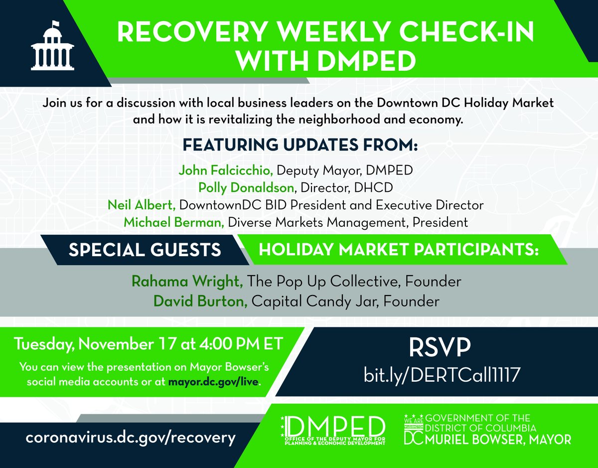 LindaRothPR's tweet image. Save the date for TODAY, 11/17 at 4PM for #DCBiz Community TeleTownhall w/ @DEMPEDDC. 

This week&apos;s topic focuses on #smallbusinesses in #DowntownDC ft&apos;ing @DowntownDCBID&apos;s president @neilalbertdc, @DtwnHolidayMkt, @rahamatuwright &amp;amp; @CapitalCandyJar bit.ly/35EyjpH