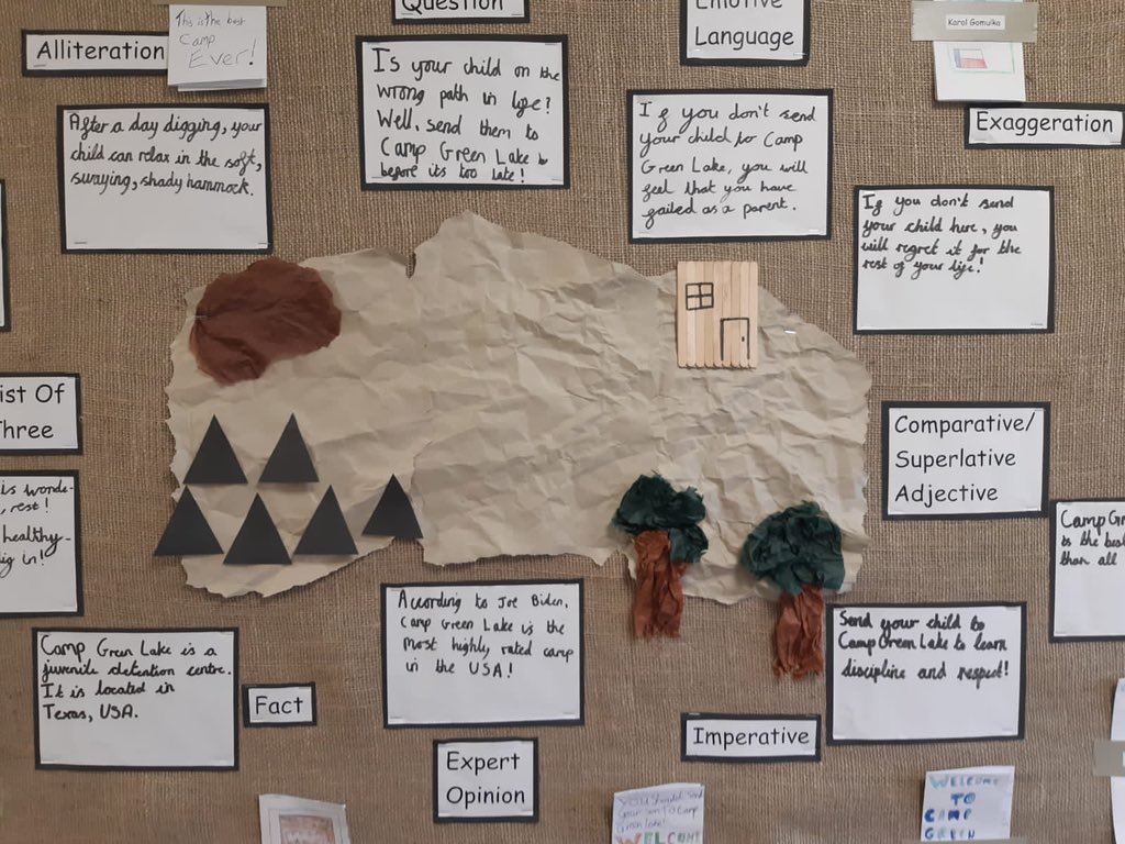Year 6 have been developing their knowledge of persuasive writing. We have used them to create leaflets to persuade parents to send their children to Camp Green Lake in Holes. Brilliant display Year 6. <a href="/HuddartMrs/">Mrs Huddart</a> <a href="/mrsunsworth35/">@MrsUnsworth35</a> #literacy #reading #writing #everychildliterate