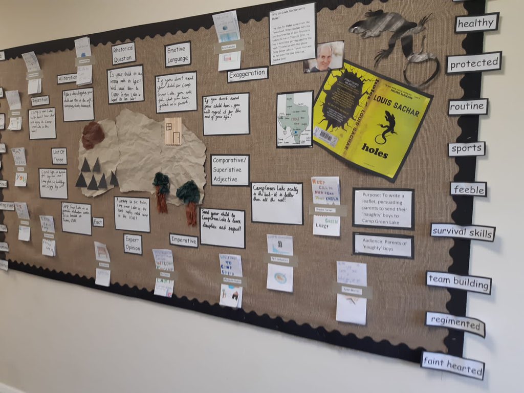 BartonMossCPS's tweet photo. Year 6 have been developing their knowledge of persuasive writing. We have used them to create leaflets to persuade parents to send their children to Camp Green Lake in Holes. Brilliant display Year 6. @HuddartMrs @mrsunsworth35 #literacy #reading #writing #everychildliterate https://t.co/RliVlUNs3L