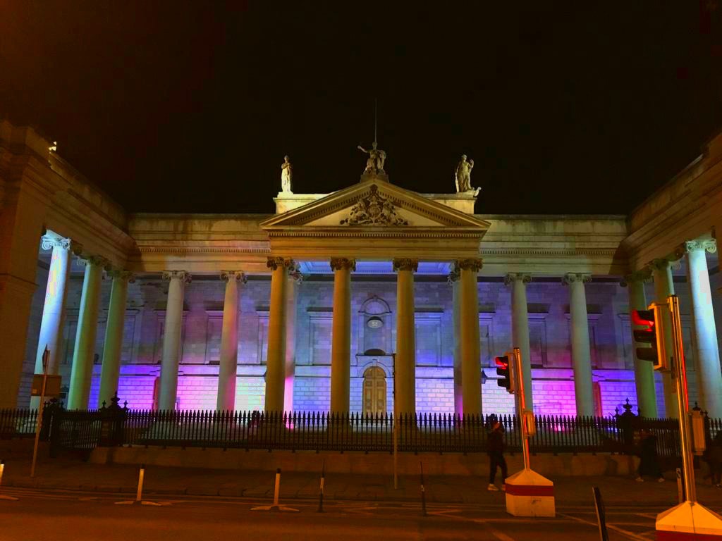 bankofireland's tweet photo. We are lighting up Bank of Ireland College Green in the colours of the Transgender Pride Flag every night until 19 November to show our support for #TransAwarenessWeek. @TransgenderNI  @TENI_Tweets https://t.co/0mn44U7IVz