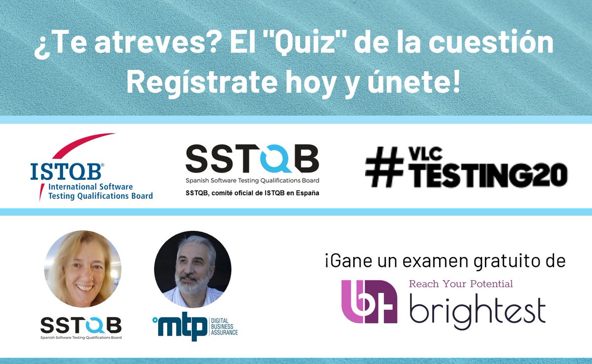 SSTQB_es's tweet photo. 26 de noviembre de 17:30 a 18:00 en la prueba de #VLCTESTING20 : Luisa Morales (@SSTQB_es) y Aurelio Gandarillas (@MtpDbaTraining) virtualmente: ¿TE ATREVES? EL "QUIZ" DE LA CUESTIÓN

Registro: https://t.co/KTGCwWnUsb

#alcanzartupotencial con @BrightestOrg e #SSTQB https://t.co/o7LyJRtBr8