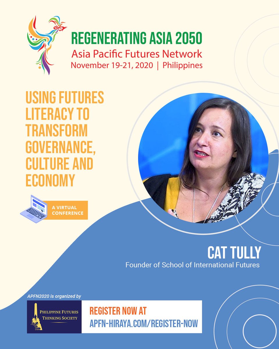 SOIFutures's tweet photo. SOIF MD @CatTullyFOH will speak on innovations in #policy foresight at the Asia Pacific Futures Network conference, running 19-21 November. Register here now https://t.co/IklukIEGoQ #APFN2020 #FuturesThinking #engagedforesight #foresight @philfutures1 https://t.co/BSrZrBpt0v