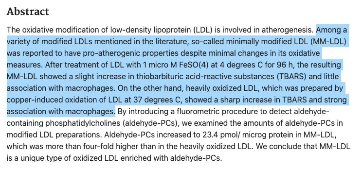 3/ Is there such a thing as "minimally modified LDL" vs "heavily oxidized LDL"? Yes.The degree of modification matters in the immune response.  https://pubmed.ncbi.nlm.nih.gov/14561732/&nbsp;