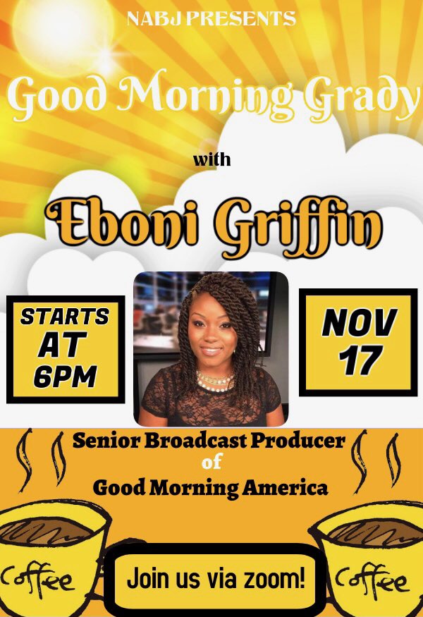 UGA Chapter of NABJ (@uganabj) on Twitter photo Join us tonight at 6 p.m. to hear from <a href="/GMA/">Good Morning America</a> Senior Broadcast Producer Eboni Griffin! Zoom Link will be in our bio! Join us tonight at 6 p.m. to hear from <a href="/GMA/">Good Morning America</a> Senior Broadcast Producer Eboni Griffin! Zoom Link will be in our bio!