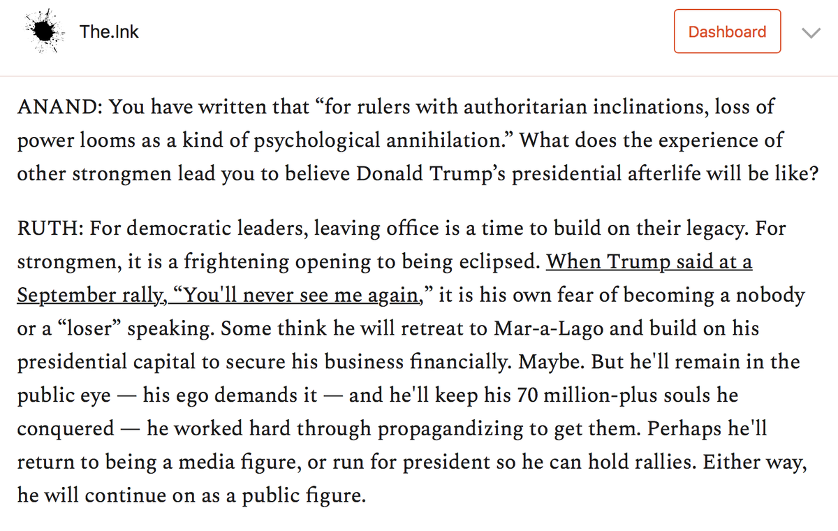 I asked  @ruthbenghiat what she imagines Trump's presidential afterlife will be like, given that she has called the loss of power for strongmen a process of "psychological annihilation." https://the.ink/p/strongmen&nbsp;