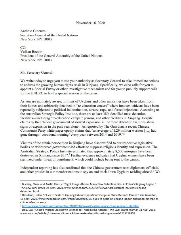 RepBrianFitz's tweet photo. The #CCP abuse of the #Uyghurs has been ignored for much too long. I joined a bipartisan letter to @UN Secretary General @antonioguterres urging him to investigate the ongoing humanitarian crisis in #Xinjiang. 

#China must be held accountable for their actions. https://t.co/4sBvs7BO3n