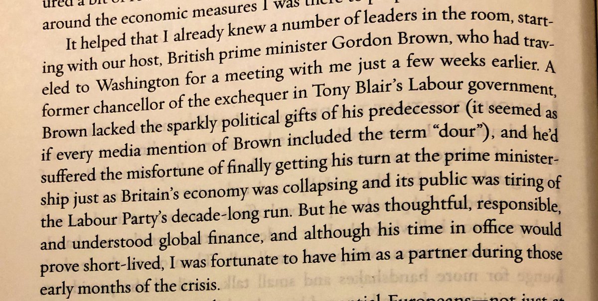 Obama on Gordon Brown: He “lacked the sparkly political gifts of his predecessor” Tony Blair.  But also calls him “thoughtful” and “responsible”. 2/