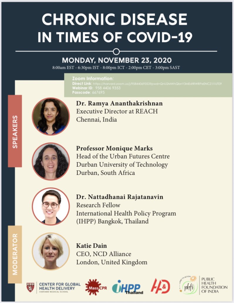 We're proud to co-sponsor the "Chronic Disease in Times of COVID-19" webinar. These speakers are leading the charge for innovating care delivery in these turbulent times. <a href="/SpeakTB/">REACH</a> <a href="/DukeDCID/">Duke Center for International Development</a> <a href="/thePHFI/">Public Health Foundation of India (PHFI)</a> <a href="/harvardmed/">Harvard Medical School</a> @MassCPR <a href="/IhppThailand/">IHPP-International Health Policy Program</a> <a href="/DukeSanford/">Sanford School of Public Policy</a> <a href="/s_keshavjee/">Salmaan Keshavjee</a>