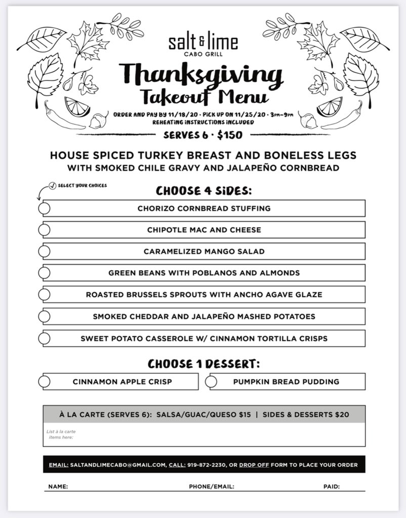SaltLimeCabo's tweet photo. So many great places to order Thanksgiving takeout. We’d love to help take care of your Thanksgiving table! Order form Due Nov. 18th:
👉 https://t.co/jJiHeEtFWZ

—via @newsobserver https://t.co/zLeNeOI43d

#RaleighNC #raleigh #durham #cary #raleightakeout #rtp #triangle https://t.co/lFqCgxQeVG