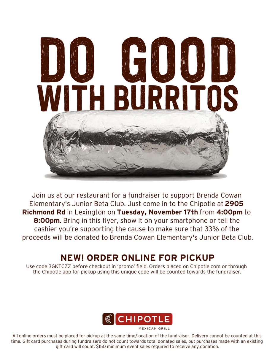 BCEfayette's tweet photo. Join us tonight and grab some Chipotle to support BCE and the Junior Beta Club at the Richmond Rd. Location! https://t.co/ELhsTSUji3