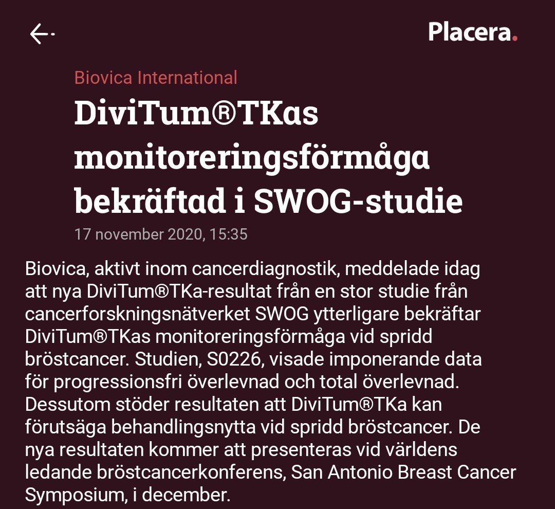 Demun55's tweet photo. #Biovic "Biovica, verksamt inom blodbaserad cancerdiagnostik, har fått resultat från en studie vid cancerforskningsnätverket SWOG. Resultaten uppges bekräfta diagnostestet Divitum Tka och dess förmåga för prediktion av sprid bröstcancer." https://t.co/G1VZo8OvQM