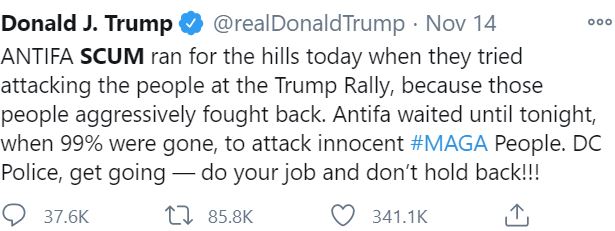 22\\You can sense the difference in tone between Trump’s tweet about the violence last Saturday in DC and Cruz’s more flaccid tweet on the same subject.