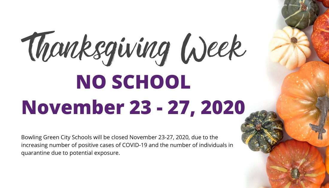 BGISD will be closed Nov 23 - 27, 2020. The decision was made to assist with schools' increasing number of positive cases of COVID-19 and the number of individuals in quarantine. The district plans to reopen the week of Nov. 30 with Purple/Gold schedule.