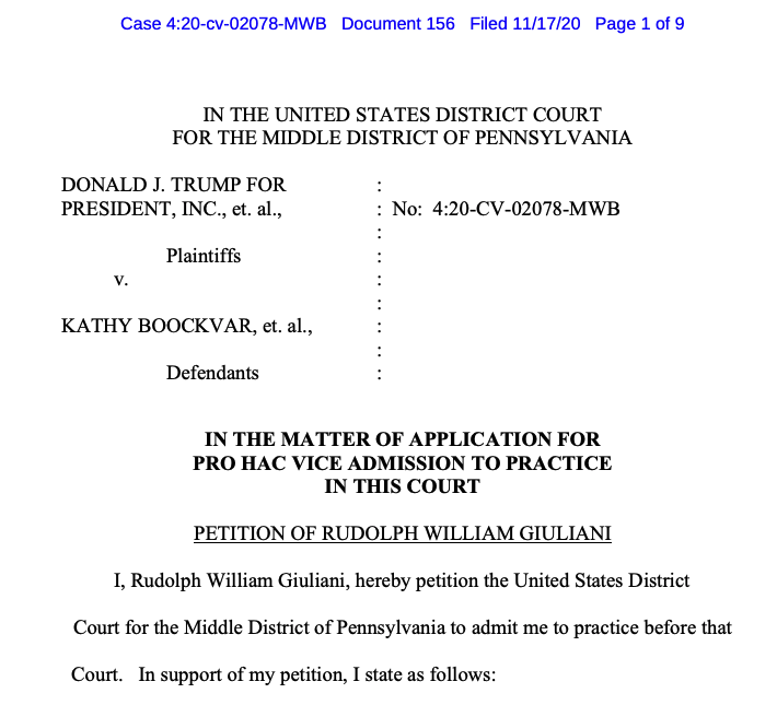 Good morning to Rudy Giuliani, who filed an application to formally appear in the Trump campaign's federal case in Pennsylvania; there's a hearing set for 1:30 pm today  https://assets.documentcloud.org/documents/7329052/11-17-20-Giuliani-Pro-Hac-Application.pdf