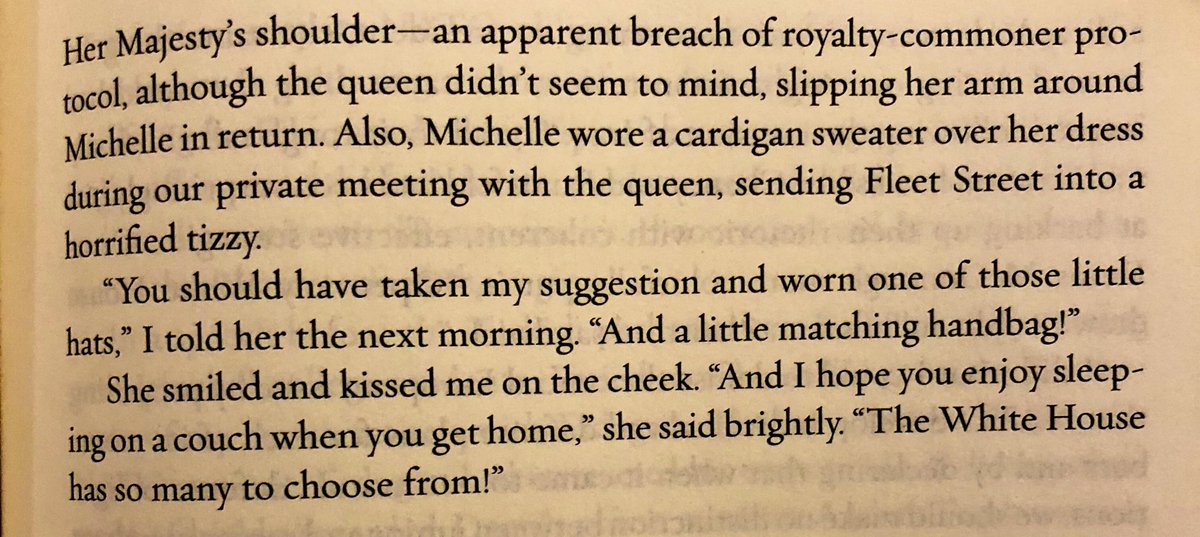 Obama recounts the media reaction to Michelle touching the Queen’s shoulder during the 2009 G20 summit in Britain. Says the Queen “didn’t seem to mind”. 3/
