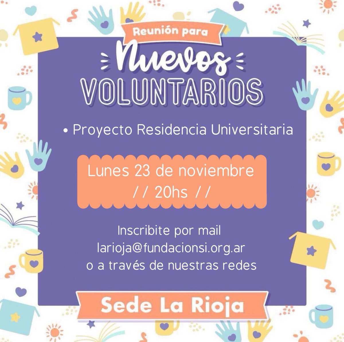 SiLaRioja's tweet photo. ¡El próximo lunes tenemos reunión virtual para nuevos voluntarios de la #ResidenciaUniversitaria! 

•¿Querés saber más sobre este proyecto? Escribinos a: larioja@fundacionsi.org.ar 

Súmate a decir SÍ 💜💛💜 https://t.co/om0d9fTvH2