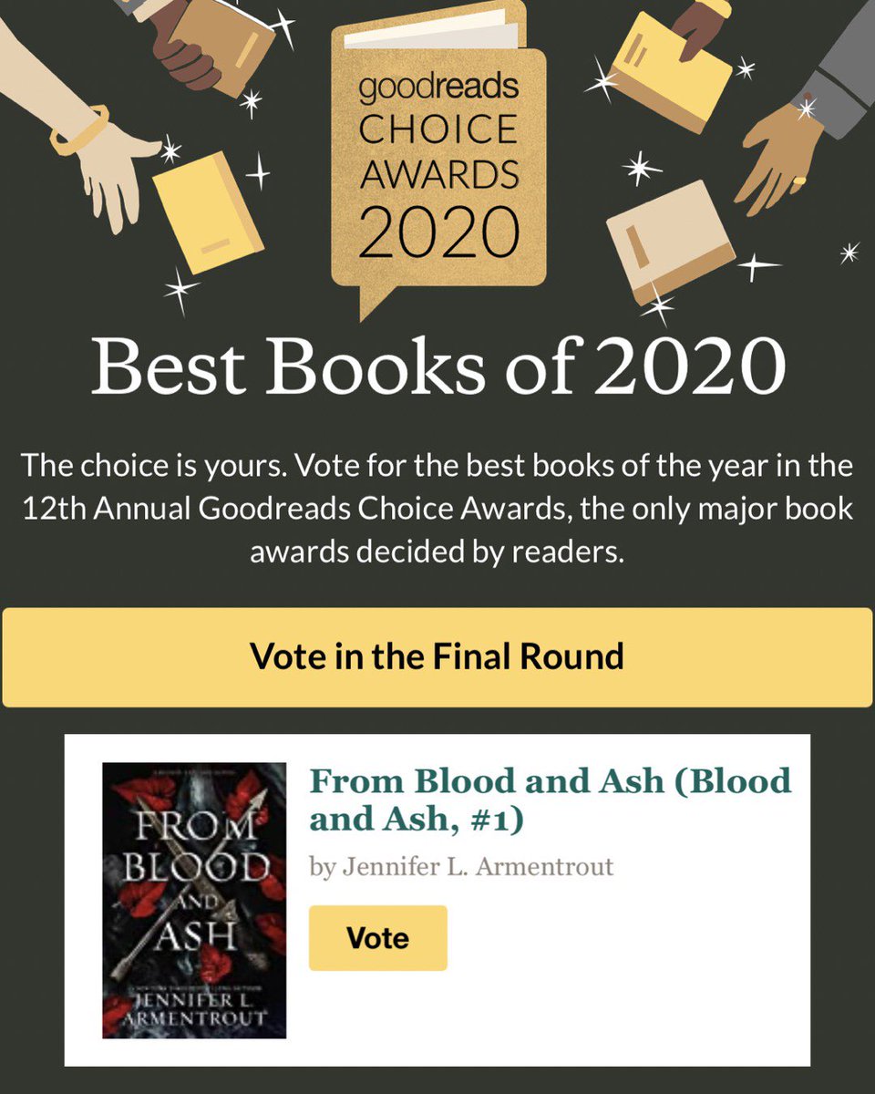 Found out this morning that #FromBloodAndAsh made it to the final round in the romance category of the Best Books of 2020 on <a href="/goodreads/">Goodreads</a> 🎉

Thank you to everyone who voted!

If you want to vote in the final round, go here: goodreads.com/choiceawards/b…