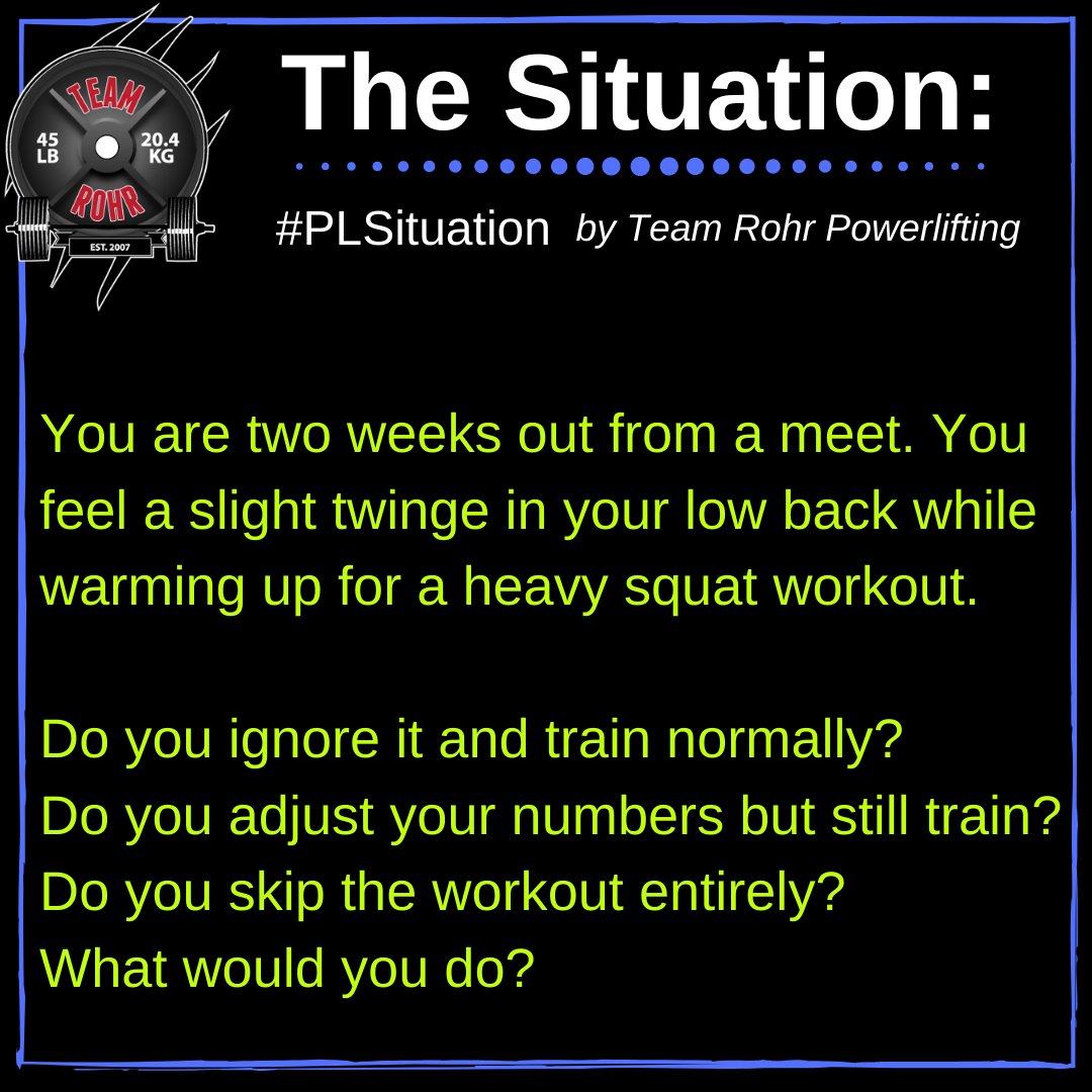 TeamRohr's tweet photo. What's your answer to this #PLSituation
#teamrohr #usapowerlifting #usapl #usaplga #rawpowerlifting #singleply #raw #squat #benchpress #deadlift #powerliftingcoach #powerlifting #gwpl #a7intl #atlantapowerlifting #powerliftingwomen #strongwomen #ipf #powerliftinglife https://t.co/HQyns5oVs1