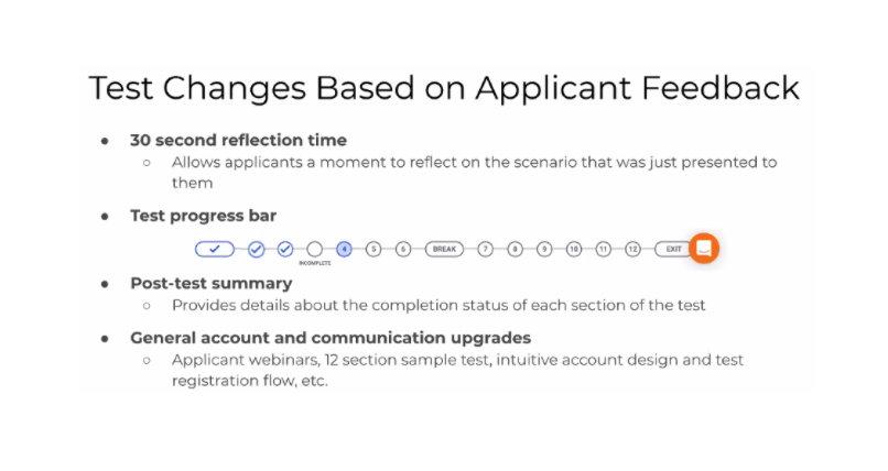 acuity_insights's tweet photo. Upon completion of the #CasperTest, applicants are asked to complete an optional exit survey. About 90% of applicants fill this out, and we use their feedback to update and improve features of the test. Here's some of the test changes we've implemented based on applicant feedback https://t.co/58mk6JaEkL