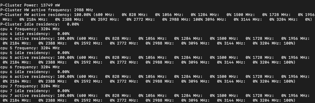 I noticed a lot of reviews getting confused by the CPU clock and what the specs were there, here's a live dump of what the Performance and Efficiency clusters are up to during a Cinebench R23 multithread bench.