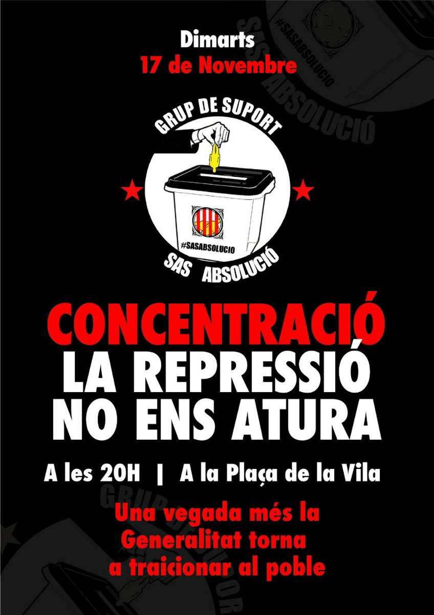 BaulaSolidaria's tweet image. 📢 AVUI❗
🗓 17 de Novembre
🕗 20 HORES
🚩 PLAÇA DE LA VILA DE VILAFRANCA 
#SasAbsolució
