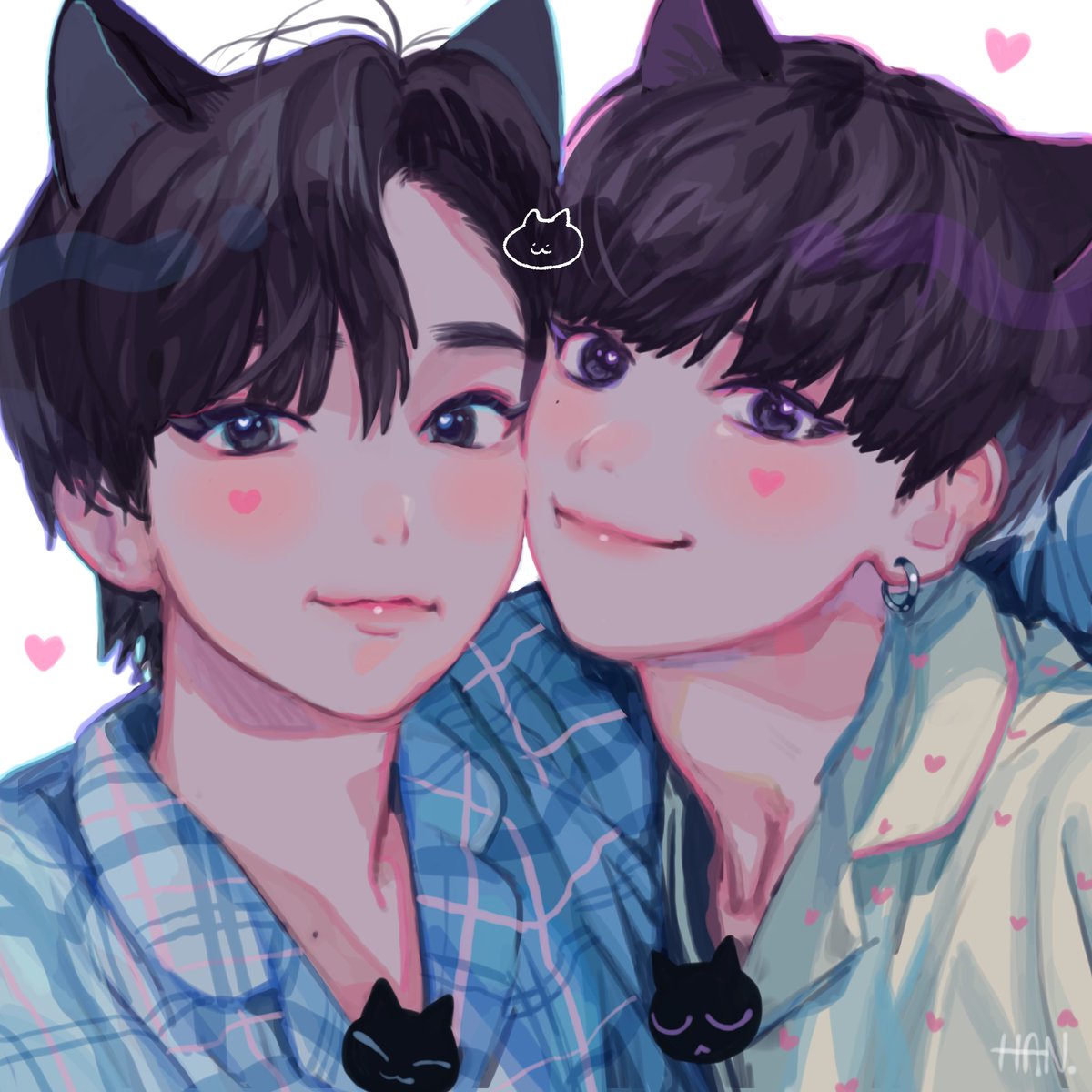 multiple boys 2boys male focus animal ears heart black hair cat ears  illustration images