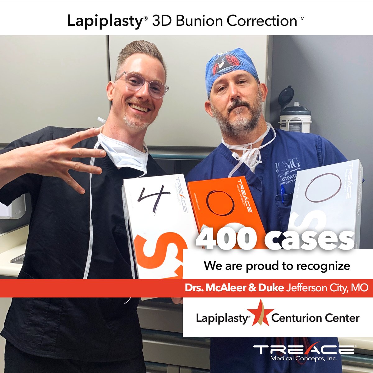 We would like to recognize veteran Centurion Center doctors Drs. JP McAleer &amp; William Duke (Jefferson City, MO). They, along with the JCMG Podiatry team, recently treated the practice’s 400th Lapiplasty® 3D Bunion Correction™ patient.

#fixitrightthefirsttime  #400 #lapiplasty