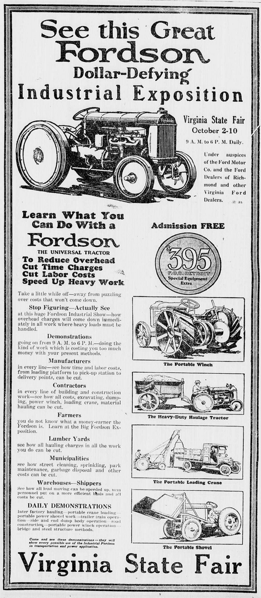 LibraryofVA's tweet photo. Industrial #NovemberDistractions: The newest in tractor technology—well, new for 1922—exhibited in the Industrial Exposition of the #StateFairVA. From the Richmond Times Dispatch, Oct. 2, 1922. #ChronAmParty #VaChron https://t.co/DtY1dNylAn